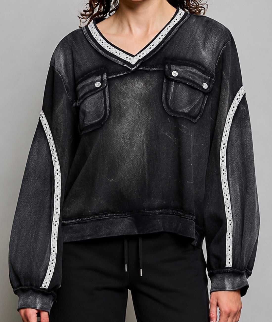 PREORDER NOW, Arriving Thursday…Black spray wash loose fit sweatshirt with pockets and white crochet trim