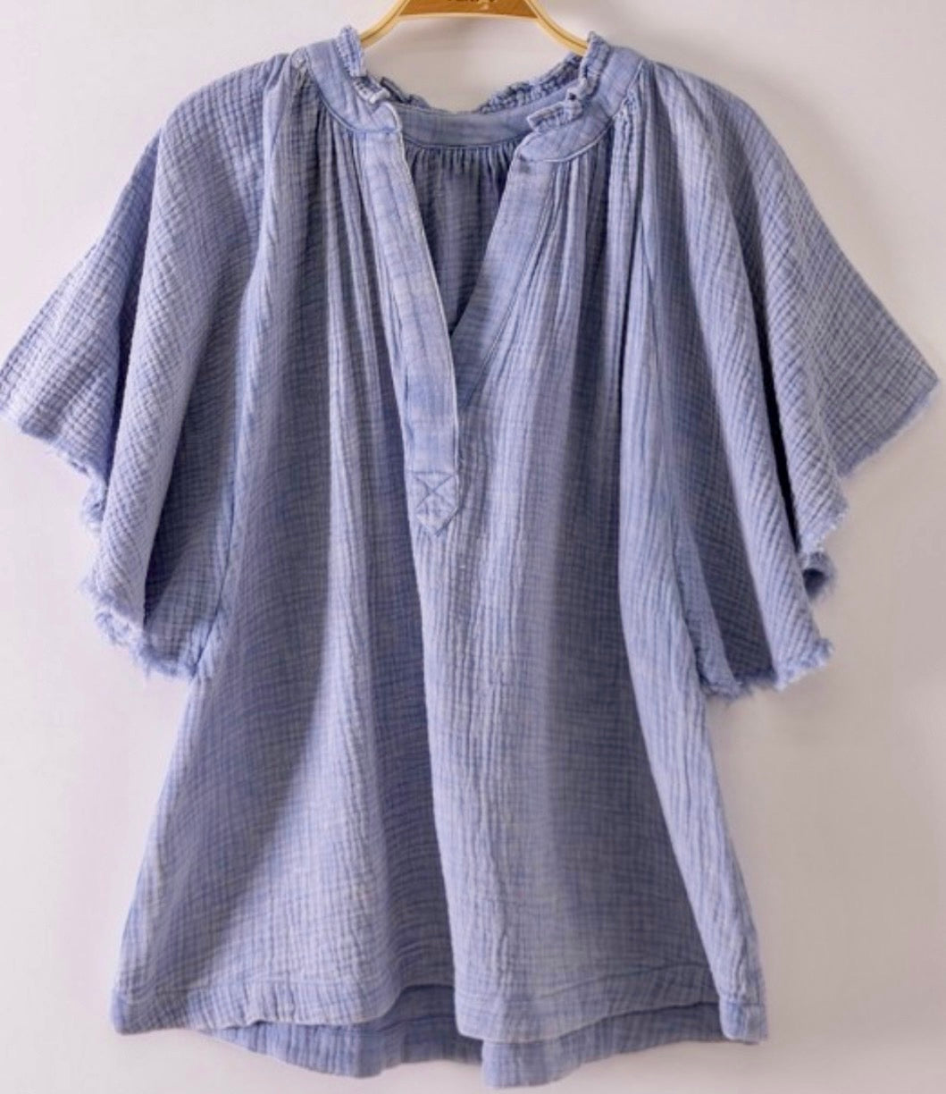 Blue gauze flutter sleeve top