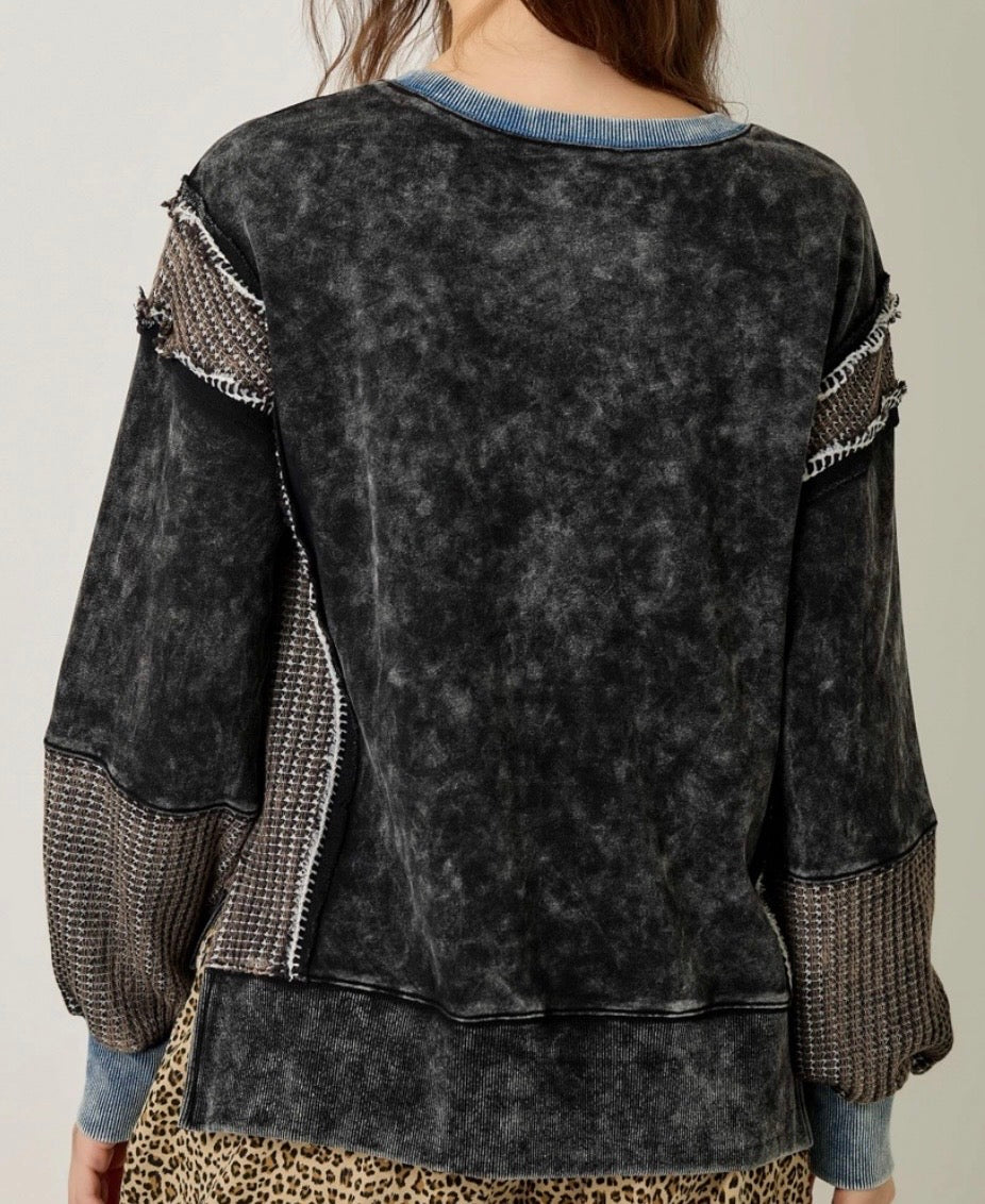 PREORDER NOW, Arriving Friday…Black mineral wash soft sweatshirt with waffle inserts