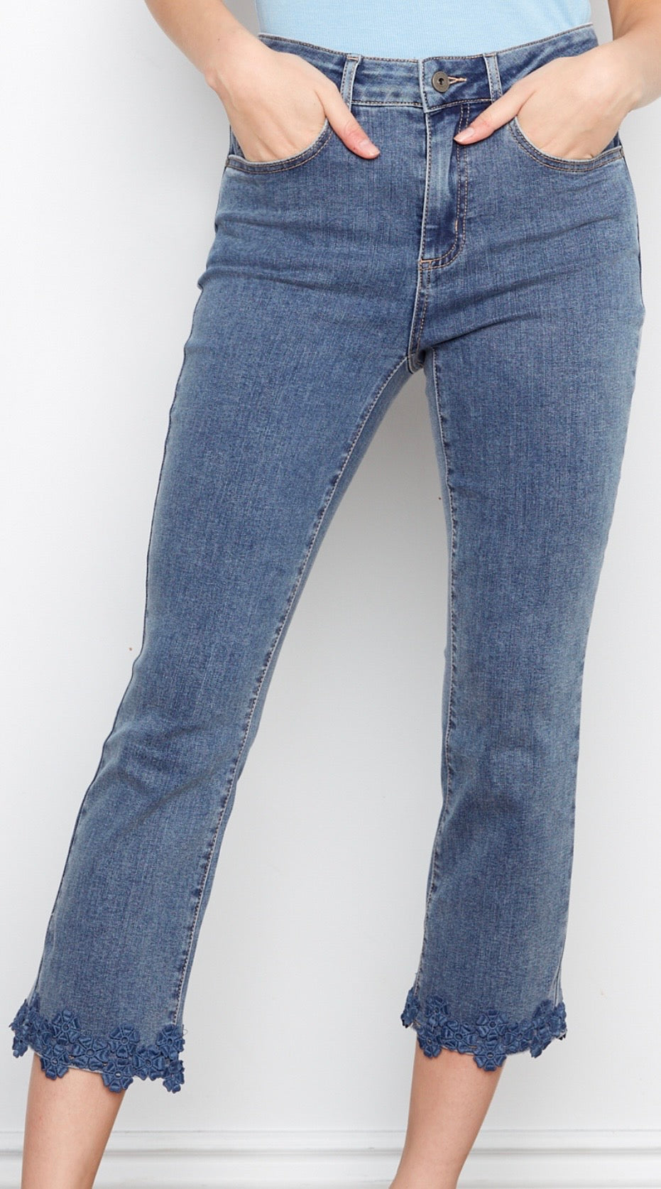 Charlie B floral hem crop flare jeans with stretch