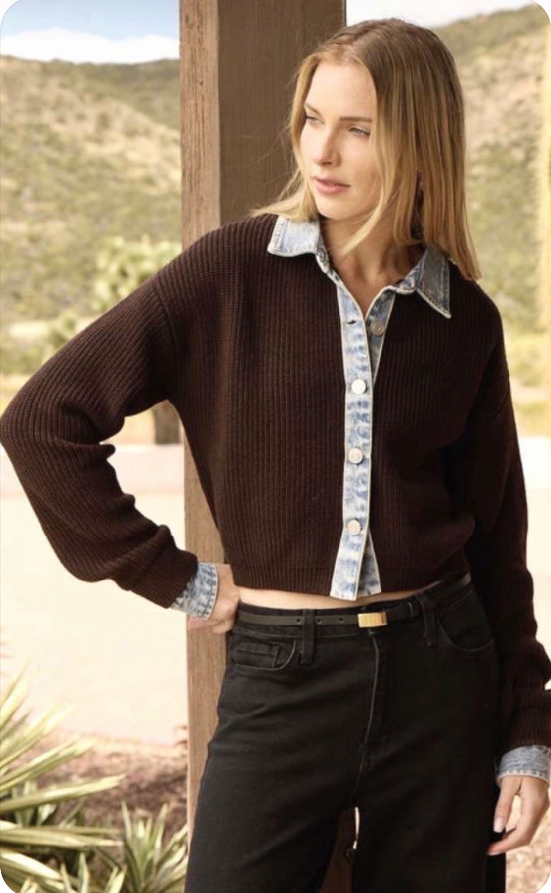 Vintage Havana brown knit cardigan with denim trim