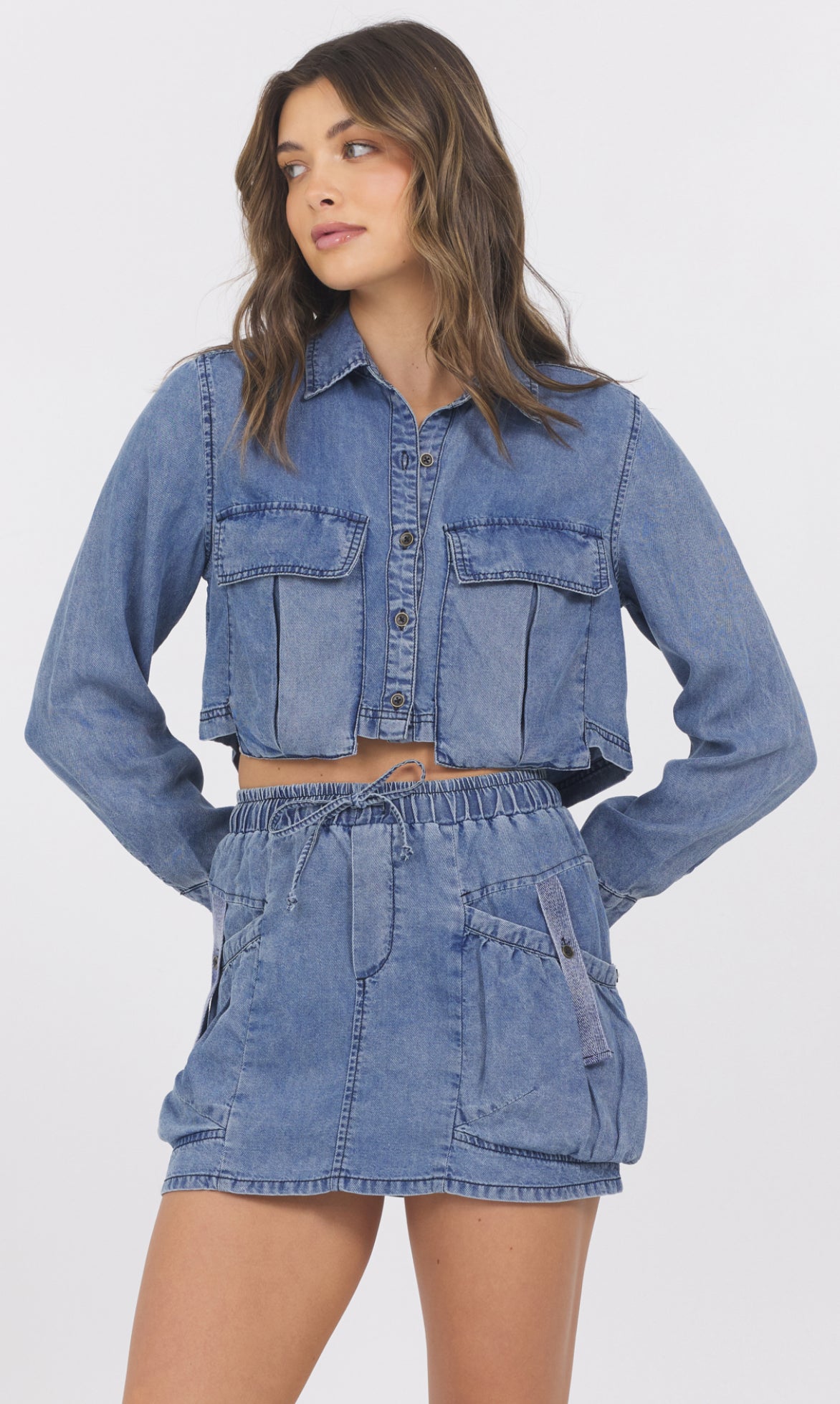 Vintage Havana soft, lightweight tencel denim cargo skirt and cropped blouse (sold separately)