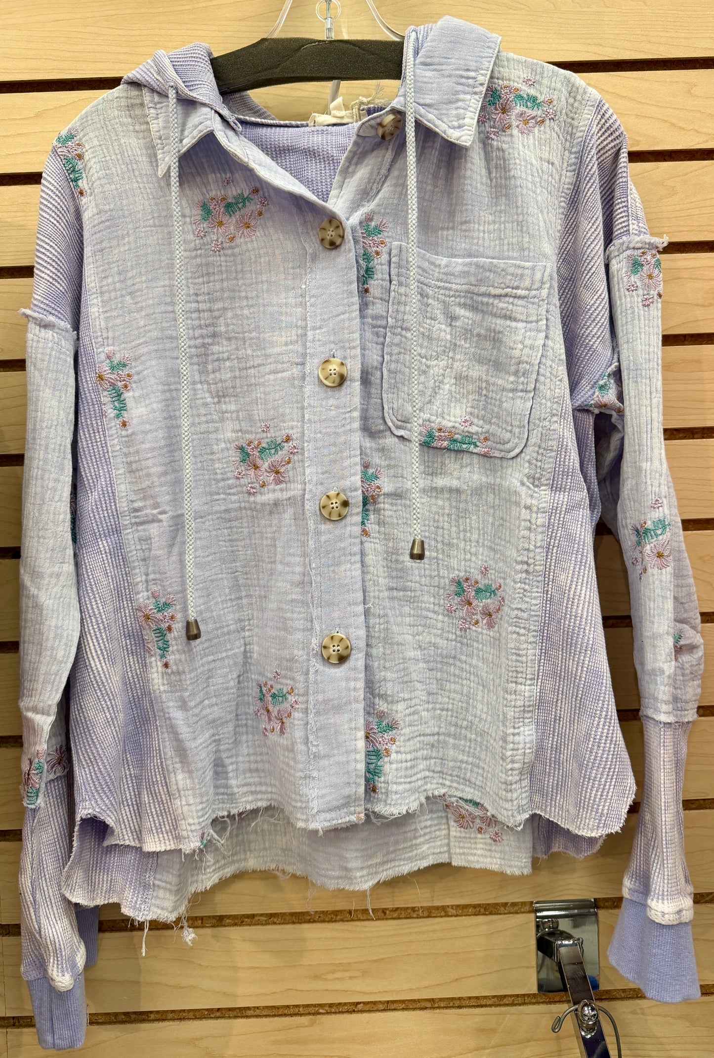 Lilac lightweight button down hoodie with embroidered flowers