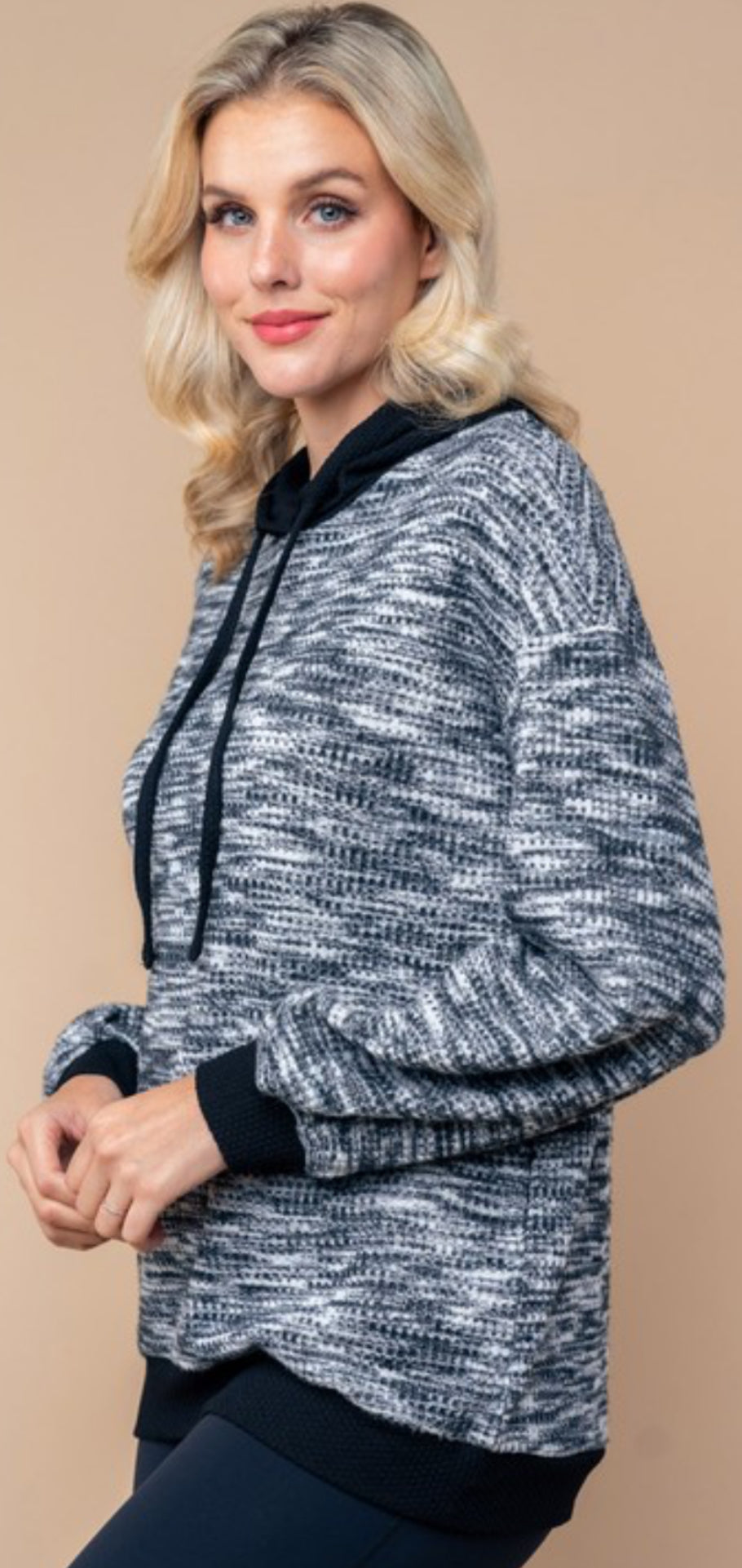 Black/white soft knit loose fit hoodie with black trim (also available in plus size)