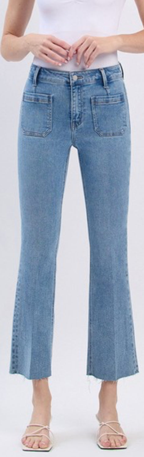 Flying Monkey patch pocket cropped flare jeans with stretch