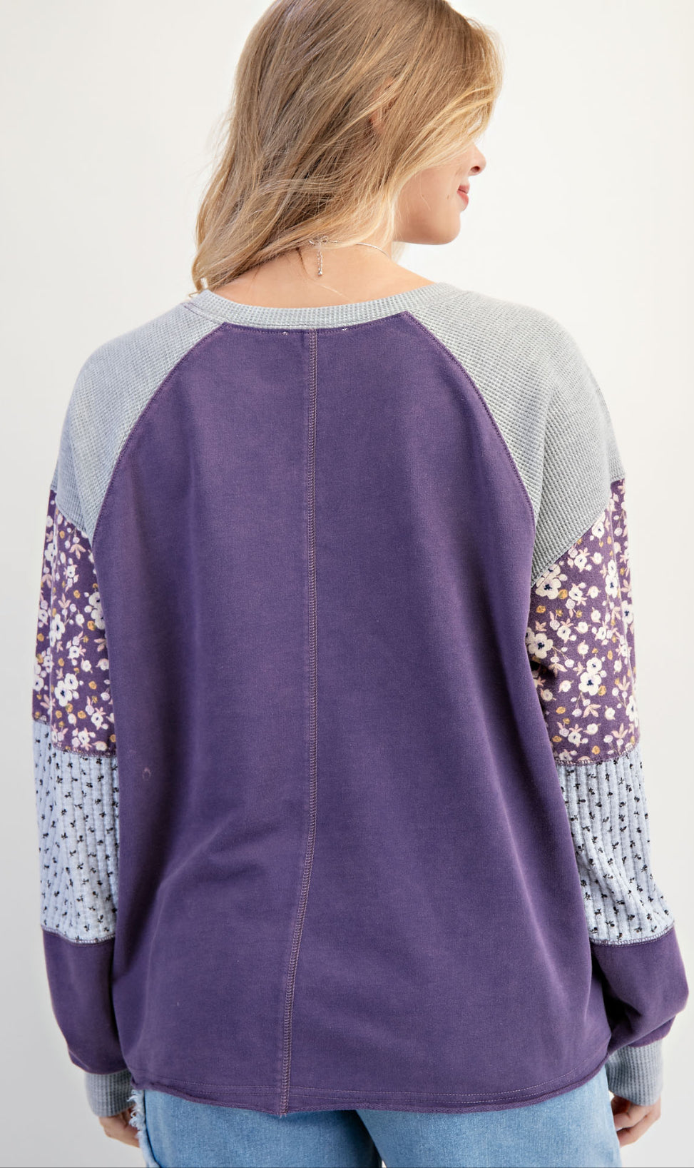 Purple sweatshirt with mixed floral inserts