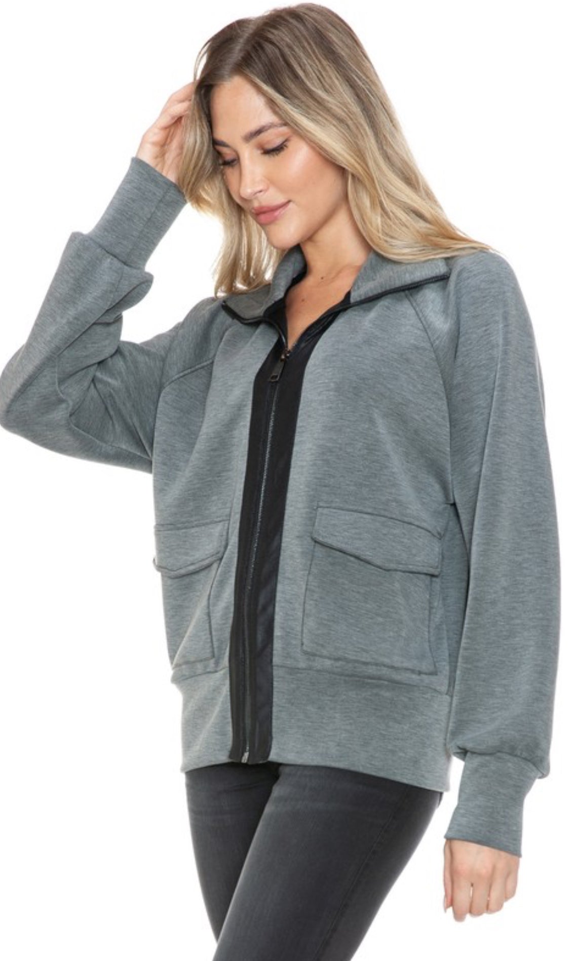 Ariella grey soft zip jacket with black satin trim