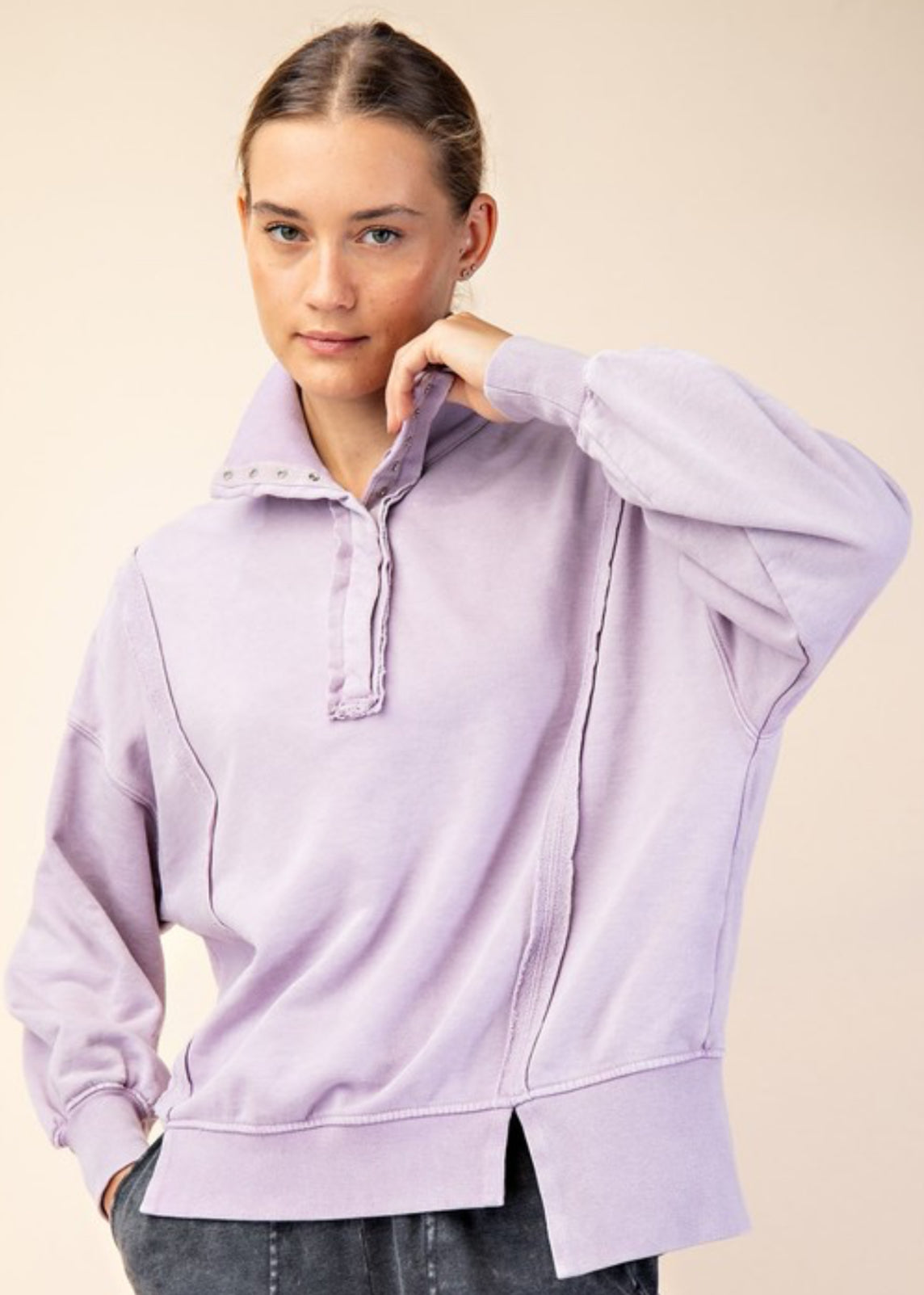 Oversized soft fleece snap front sweatshirts (also available in plus size)