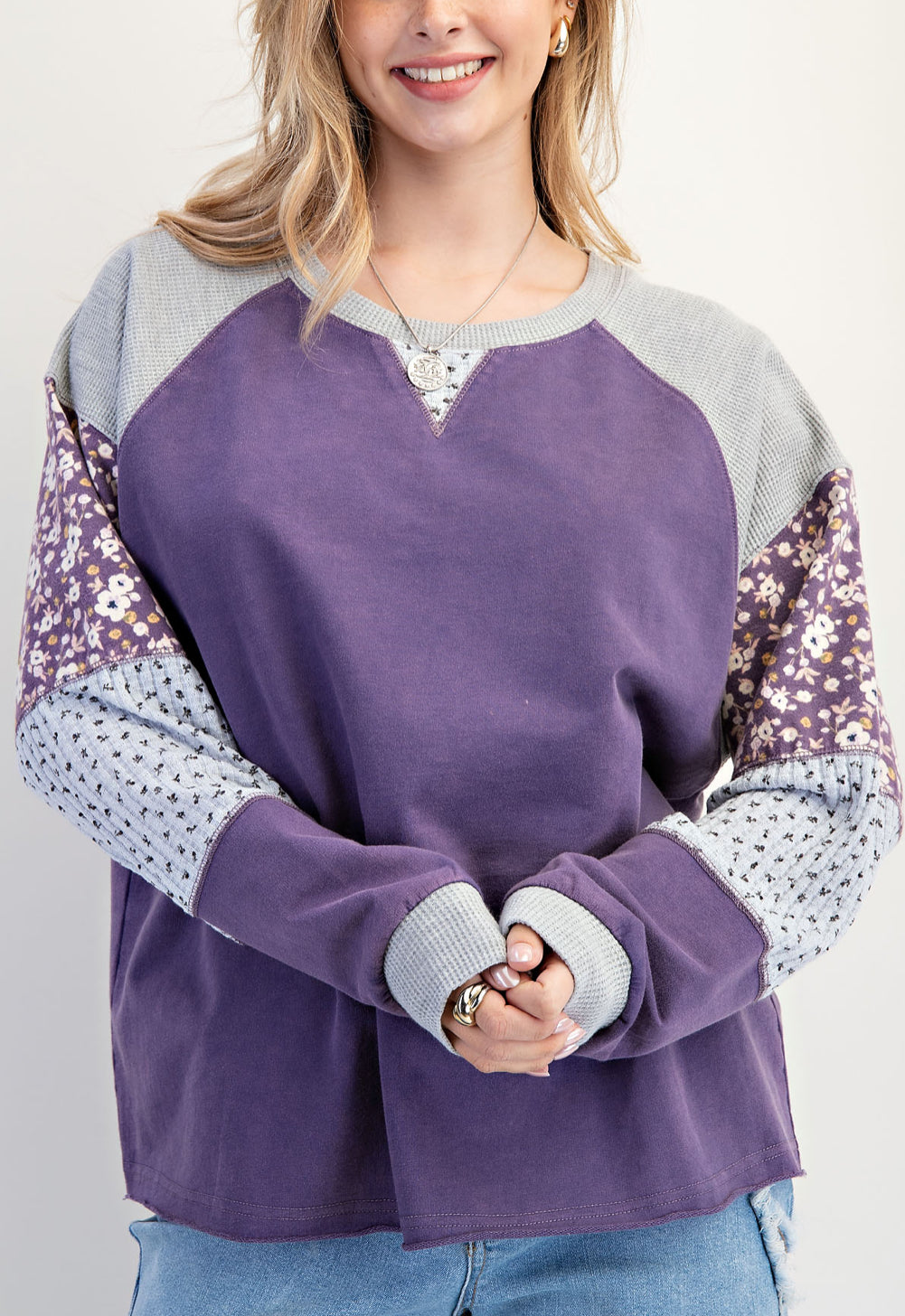 Purple sweatshirt with mixed floral inserts