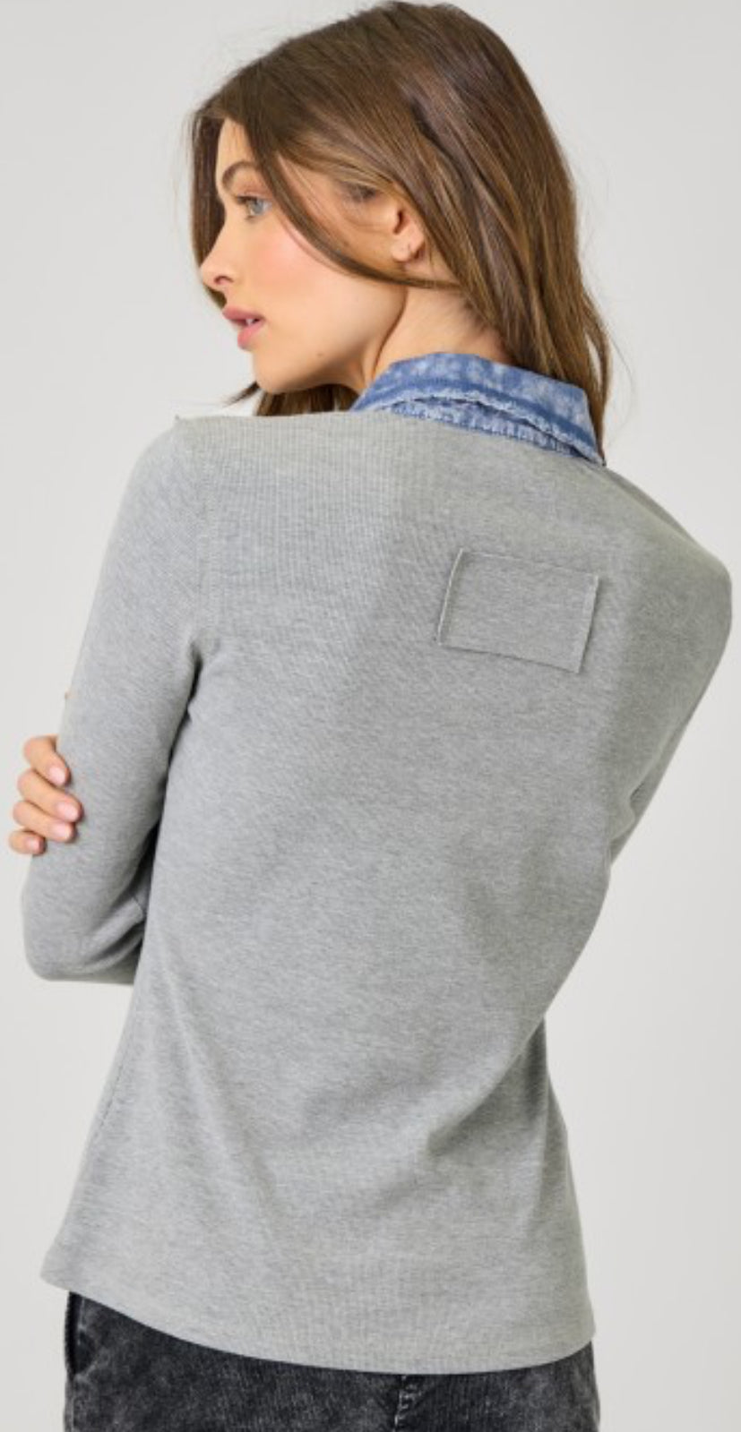 Denim trim soft knit tops with collar