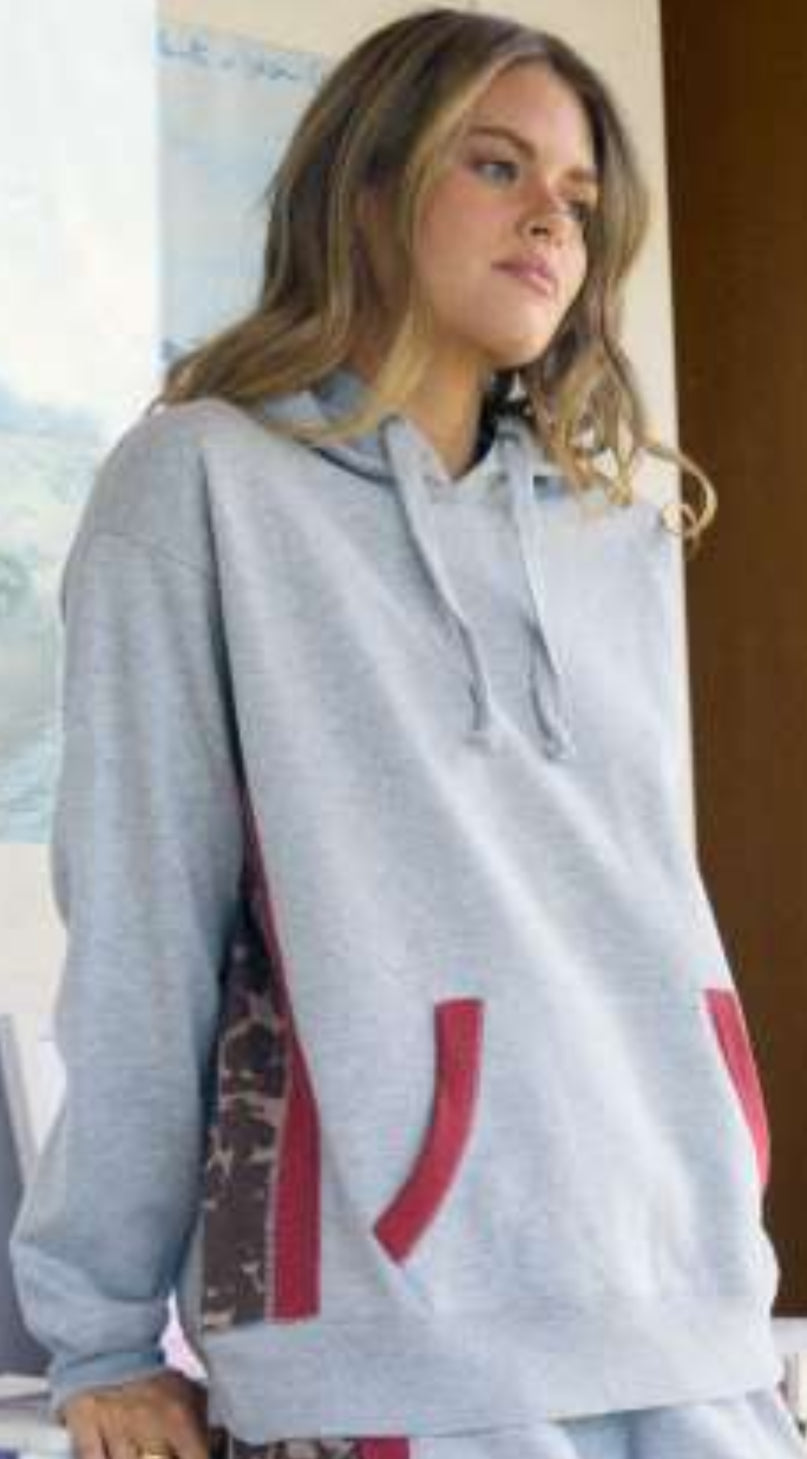 Vintage Havana grey soft hoodie with leopard and red trim