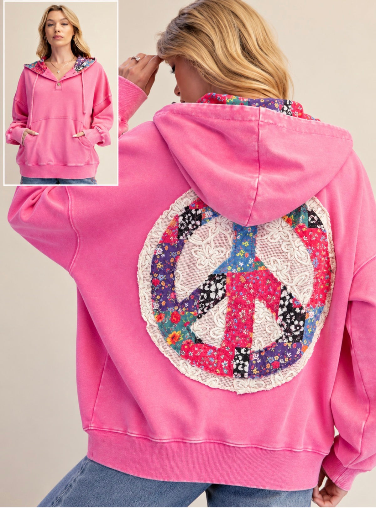 Pink hoodie with multicolored lace peace sign on back