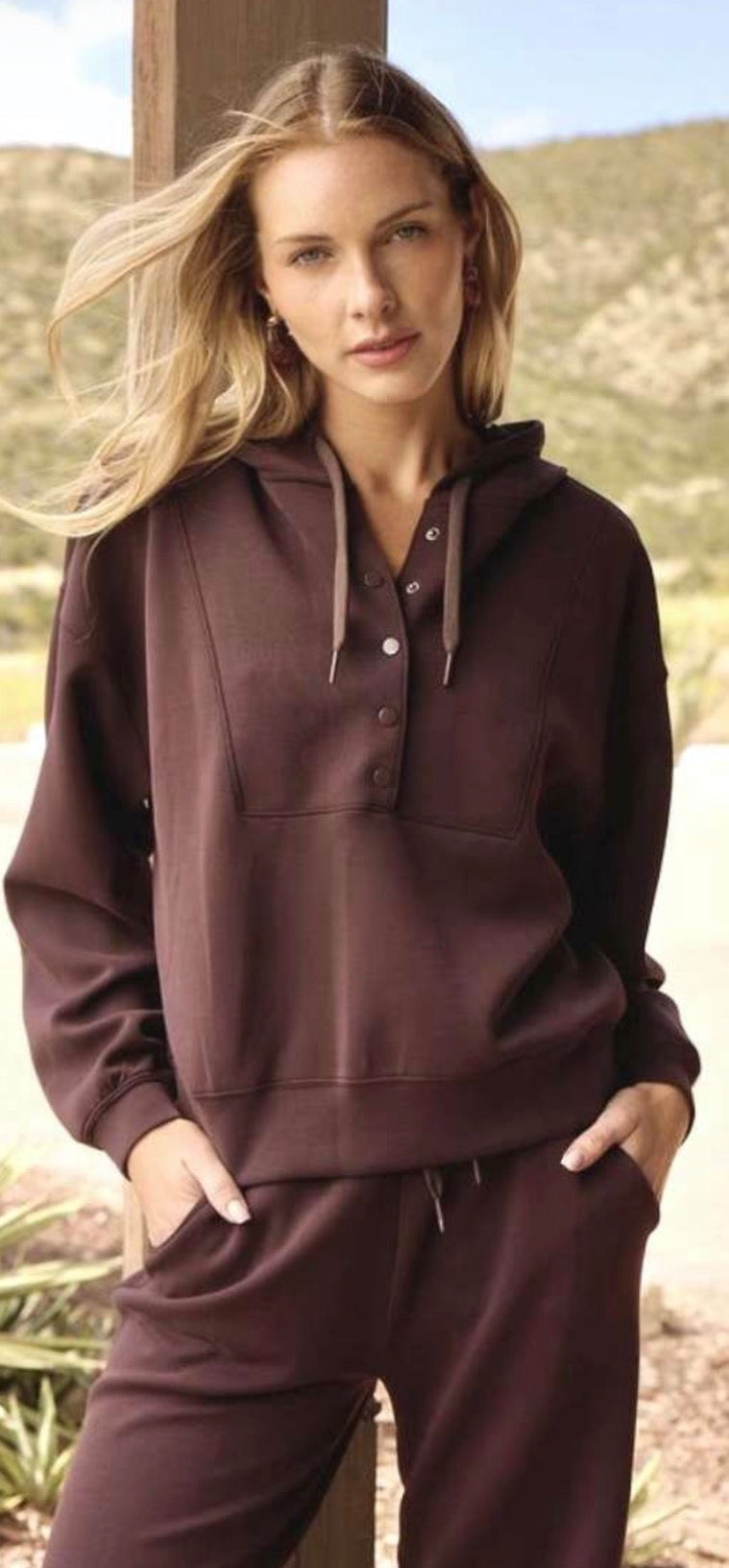 Vintage Havana Bordeaux soft scuba quarter snap hoodie and loose fit pants (sold separately)