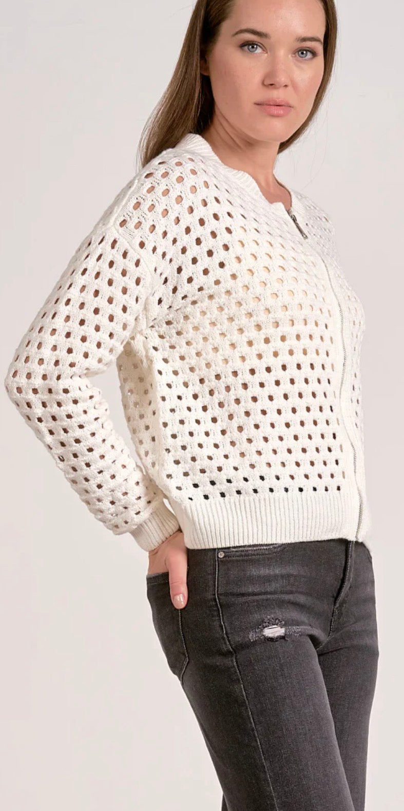 PREORDER NOW, Arriving Wednesday …Elan off white crochet zip bomber jacket