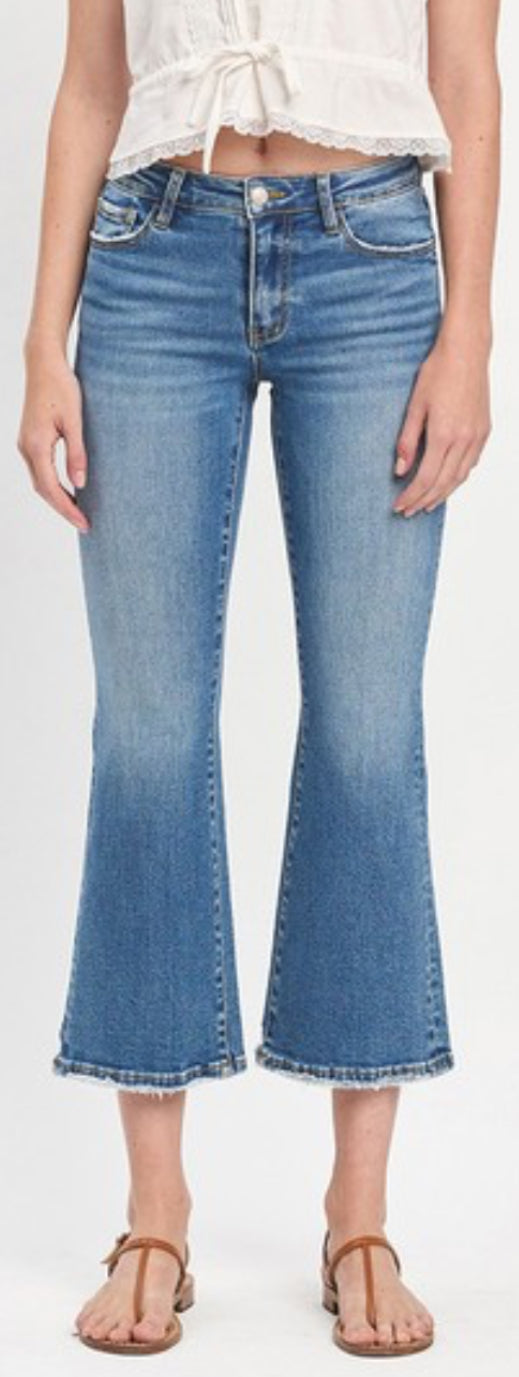 3RD RESTOCK! Mid rise light wash crop kick flare with stretch