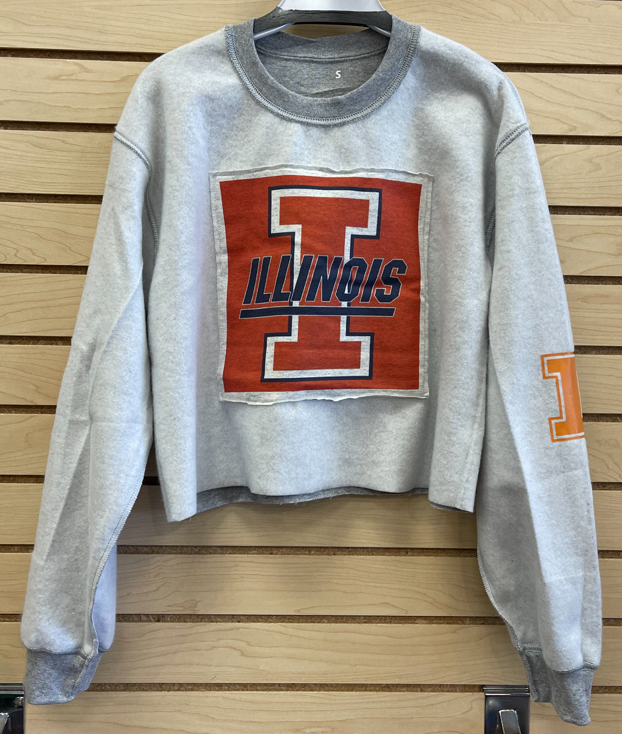 Custom & IN STOCK reverse fleece crew neck sweatshirt with patch front and optional sleeve print on sleeves (ALL SCHOOLS are available to order)see pics for options