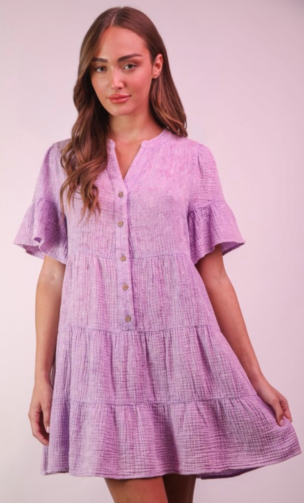 Lilac gauze short sleeve flounce dress