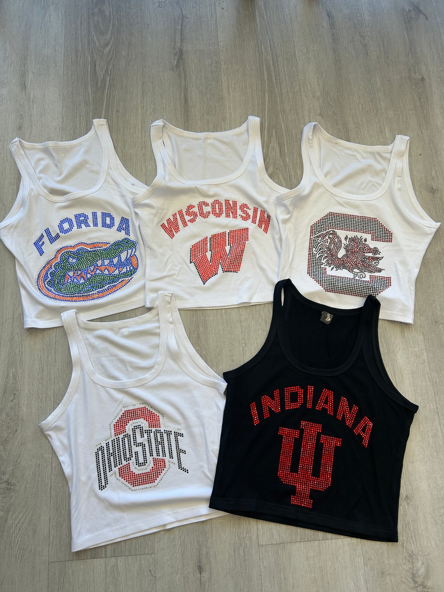 HOT ITEM!!! IN STOCK & Custom college bling tanks and crop tees, BEST GRAD GIFT! MOST SCHOOLS ARE AVAILABLE TO ORDER, SEE PIC 2 FOR OTHER OPTIONS & see pics for some schools made up & CLICK COLLEGE TAB TO SEE MORE COLLEGE ITEMS!!!