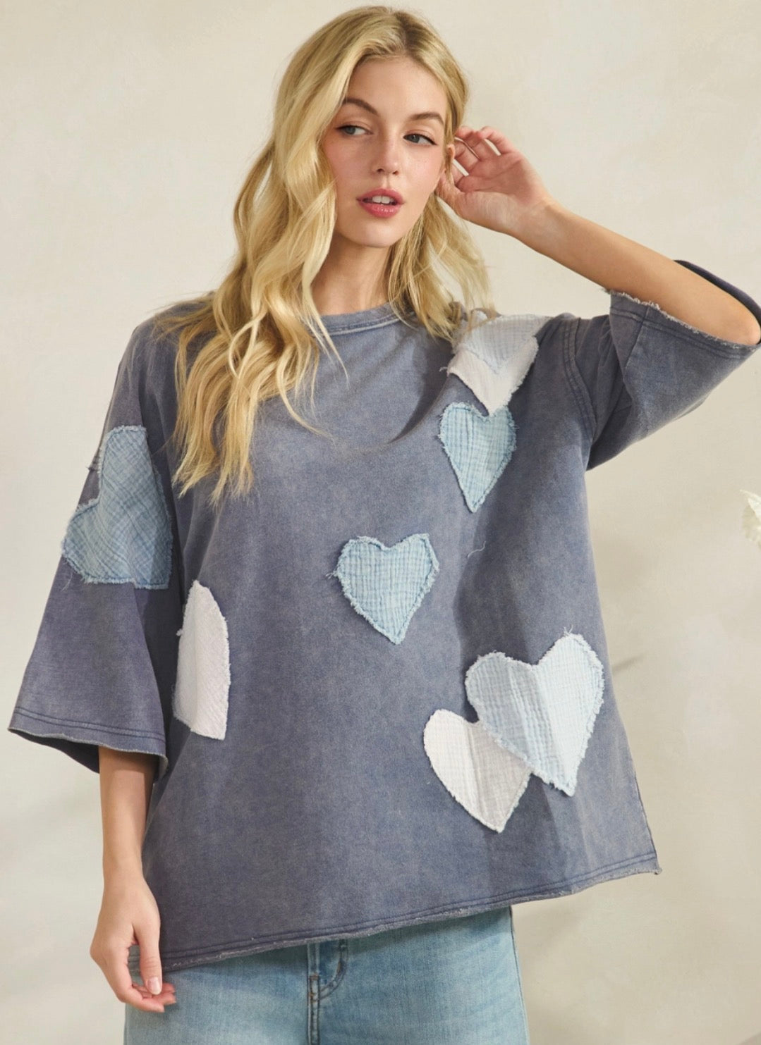 Blue loose fit top with heart patches