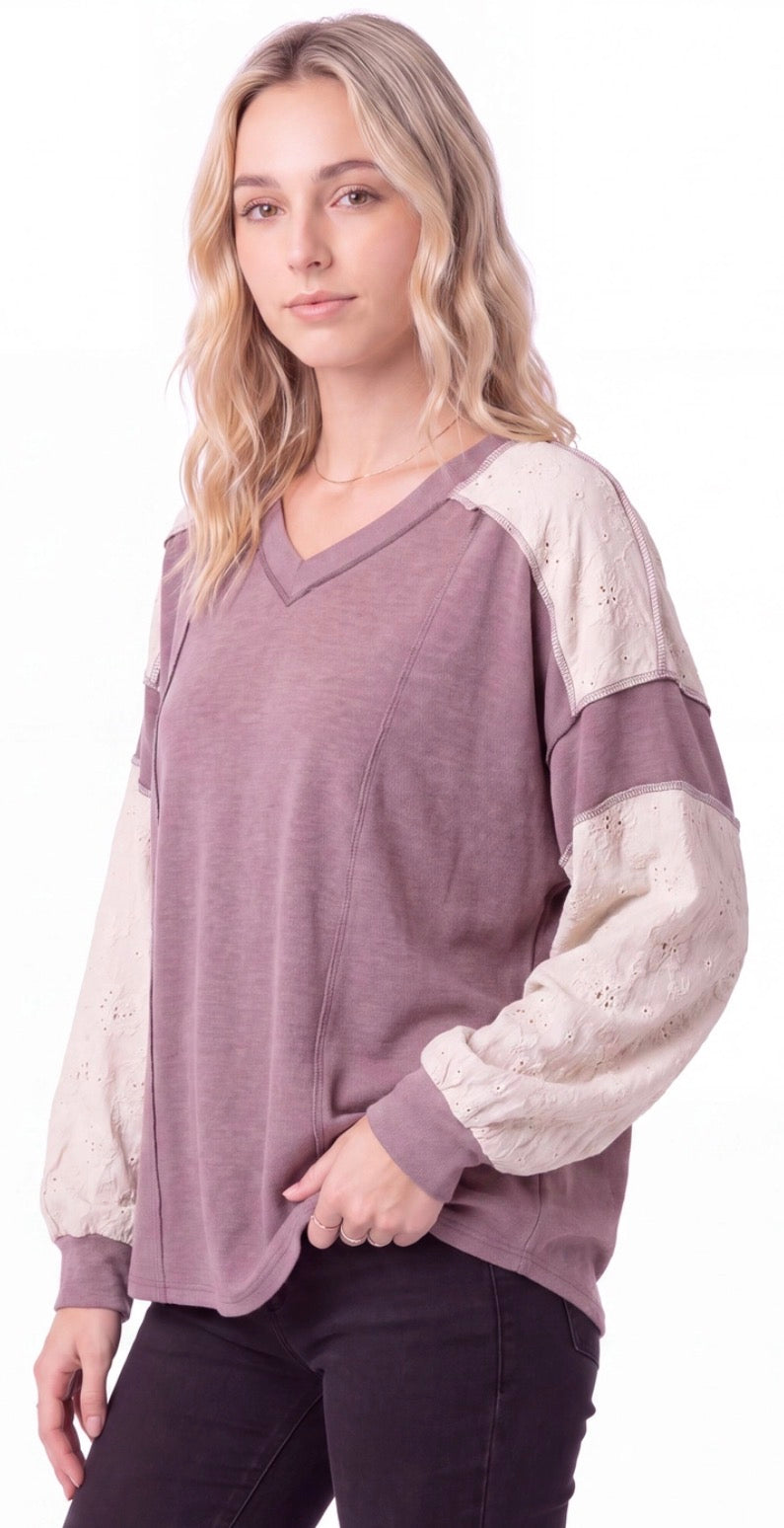 PREORDER NOW, Arriving Friday…Plum top with white crochet inserts