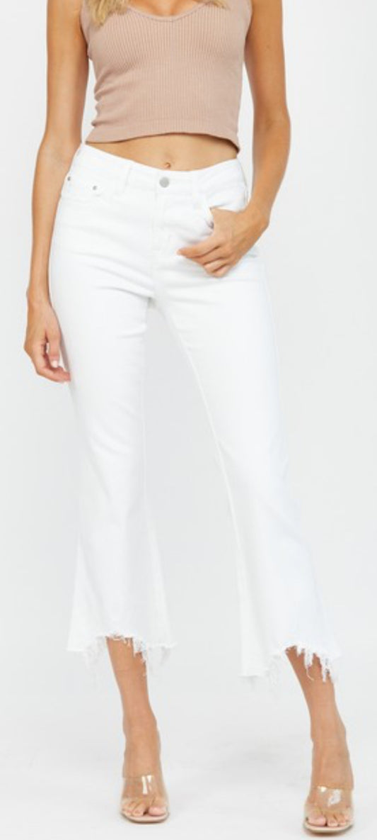 4TH RESTOCK! Mica white crop stretch jeans with fray bottom and uneven hem