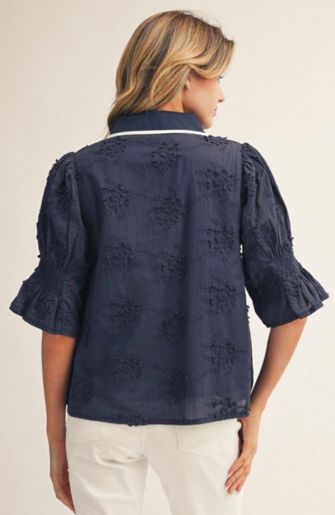 PREORDER NOW, Arriving Friday…Navy floral texture top with white stripe v neck and collar