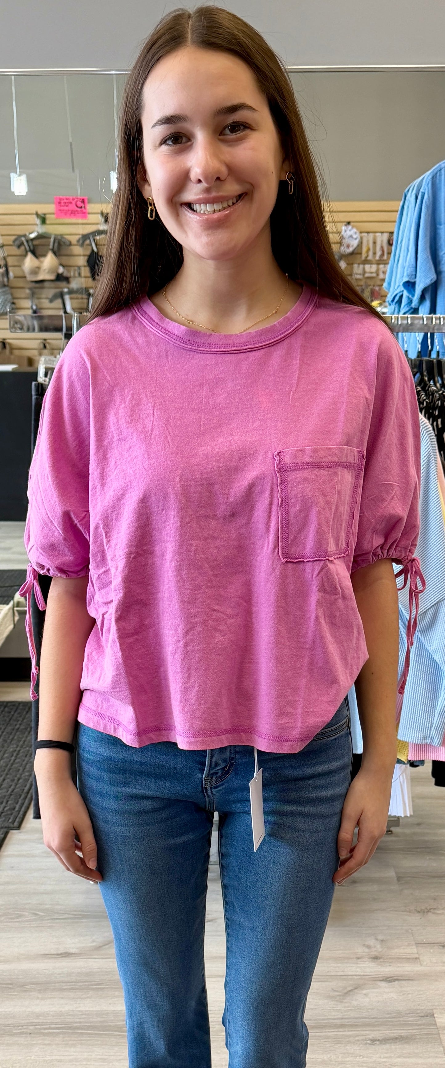 Pink pocket tee with side ties