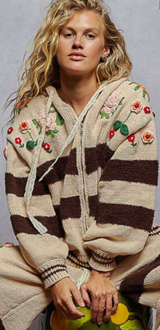 Tan soft knit loose fit zip hoodie with brown stripes and multi floral detail
