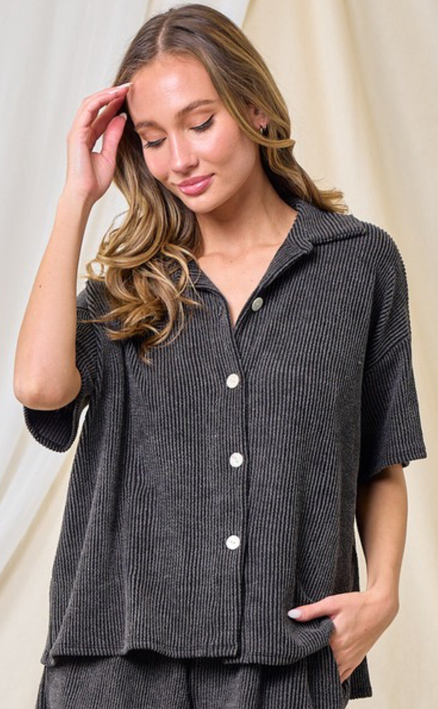 Charcoal ribbed short sleeve button down top, available up to XL