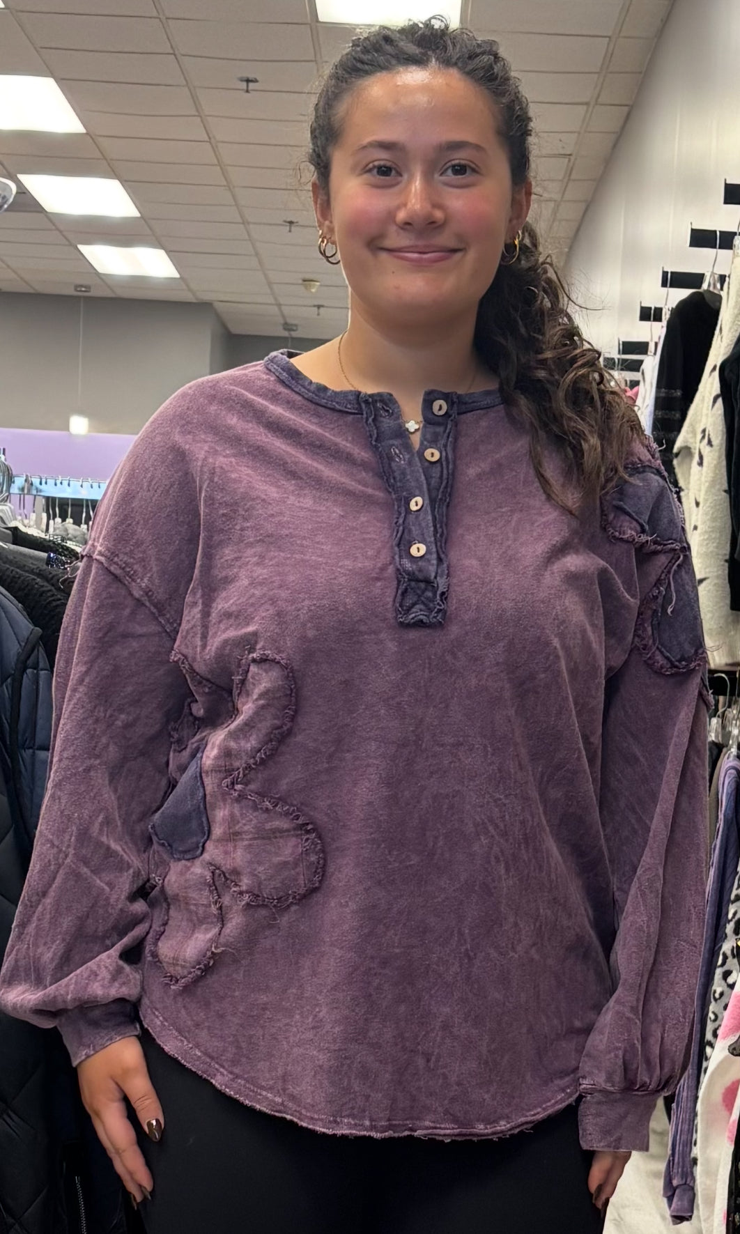 Purple henley with daisy patches