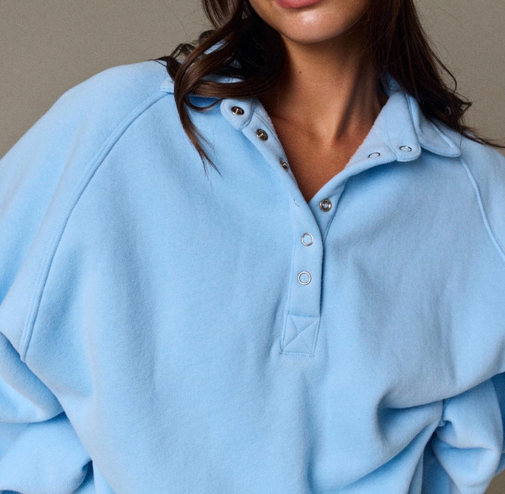 Blue snap front henley sweatshirt