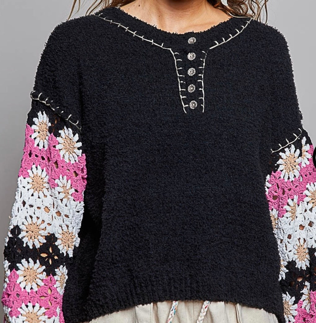 PREORDER NOW, Arriving Thursday…Black soft plush henley with crochet sleeves