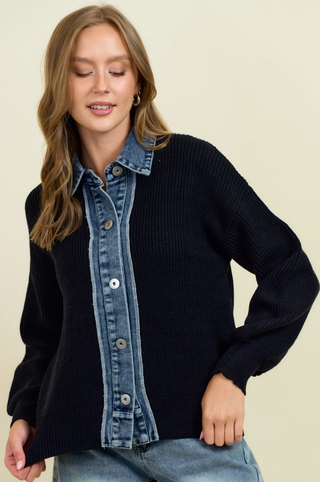 Black sweater knit button down top with denim inserts, BEST SELLER!