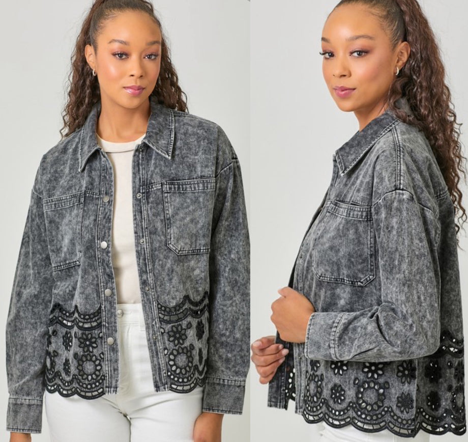 Mineral wash black snap front shacket with eyelet trim bottom