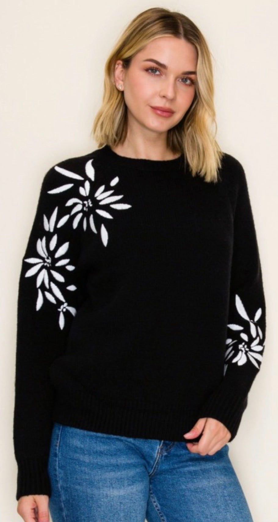 PREORDER NOW, Arriving Thursday…Black soft knit sweater with white flowers