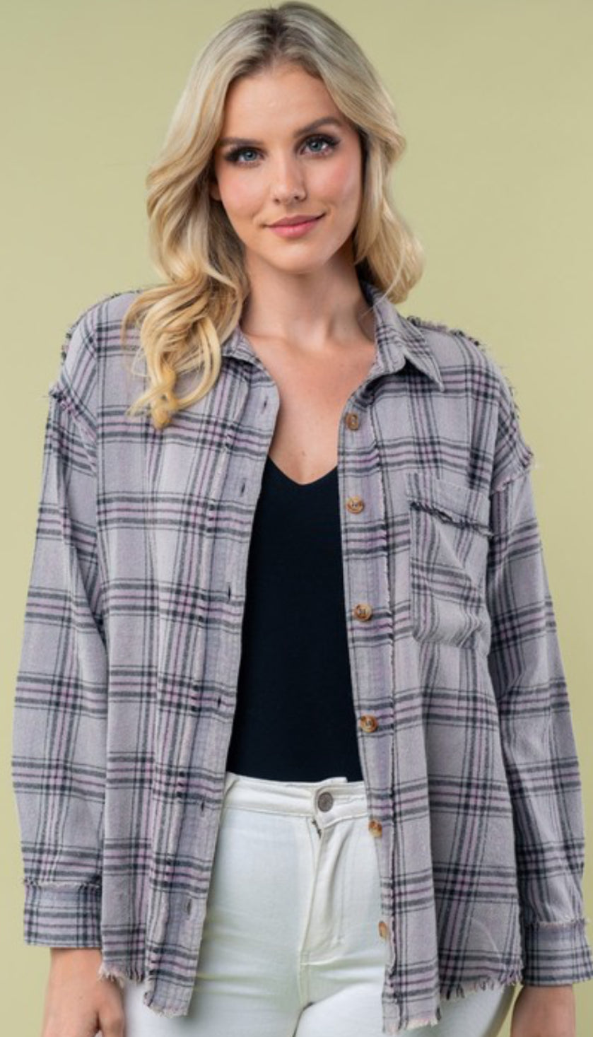 Grey/lilac/black fray bottom soft flannel (also available in plus size)