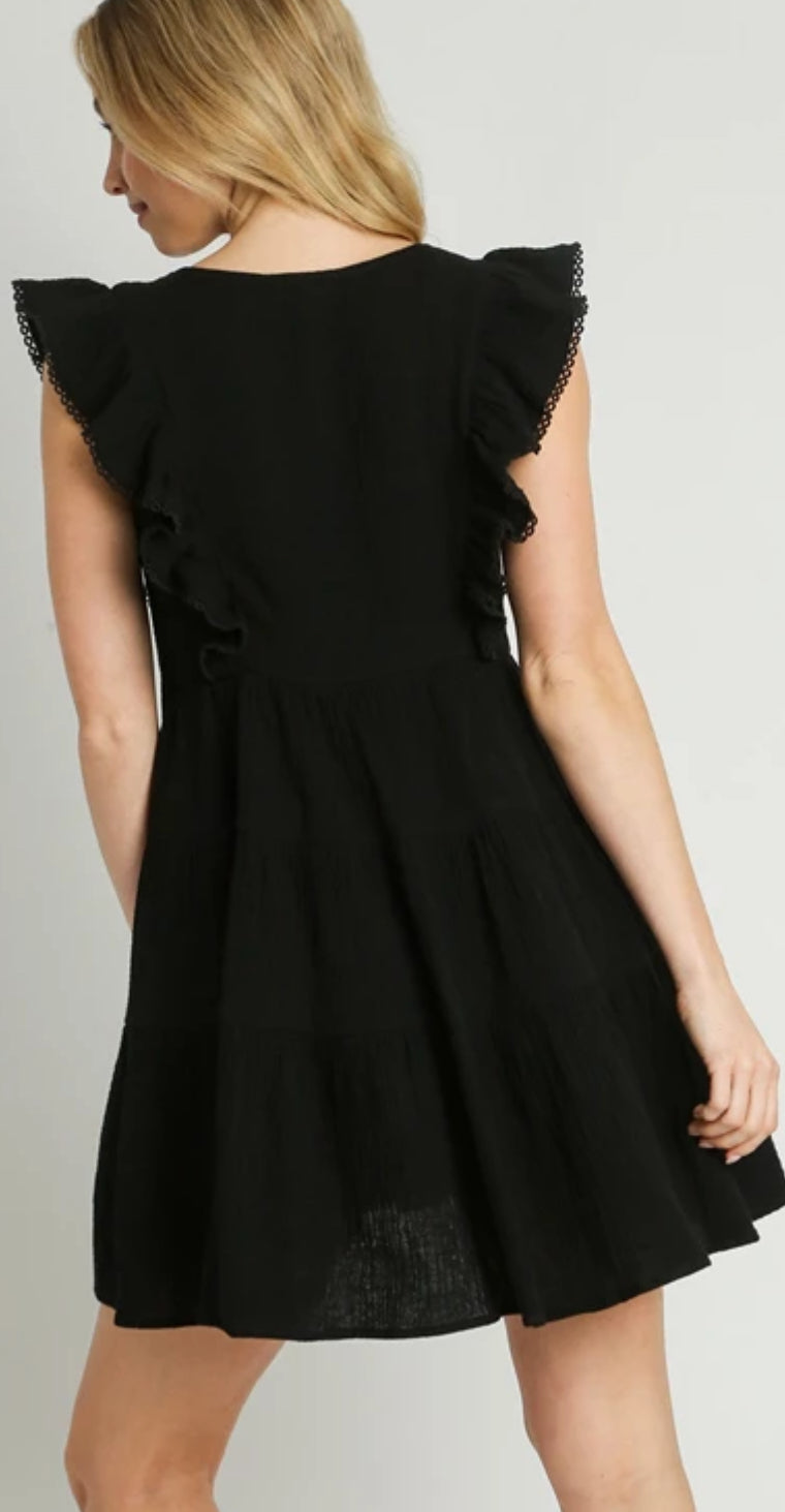 Black v neck dress with embroidery and ruffle sleeves