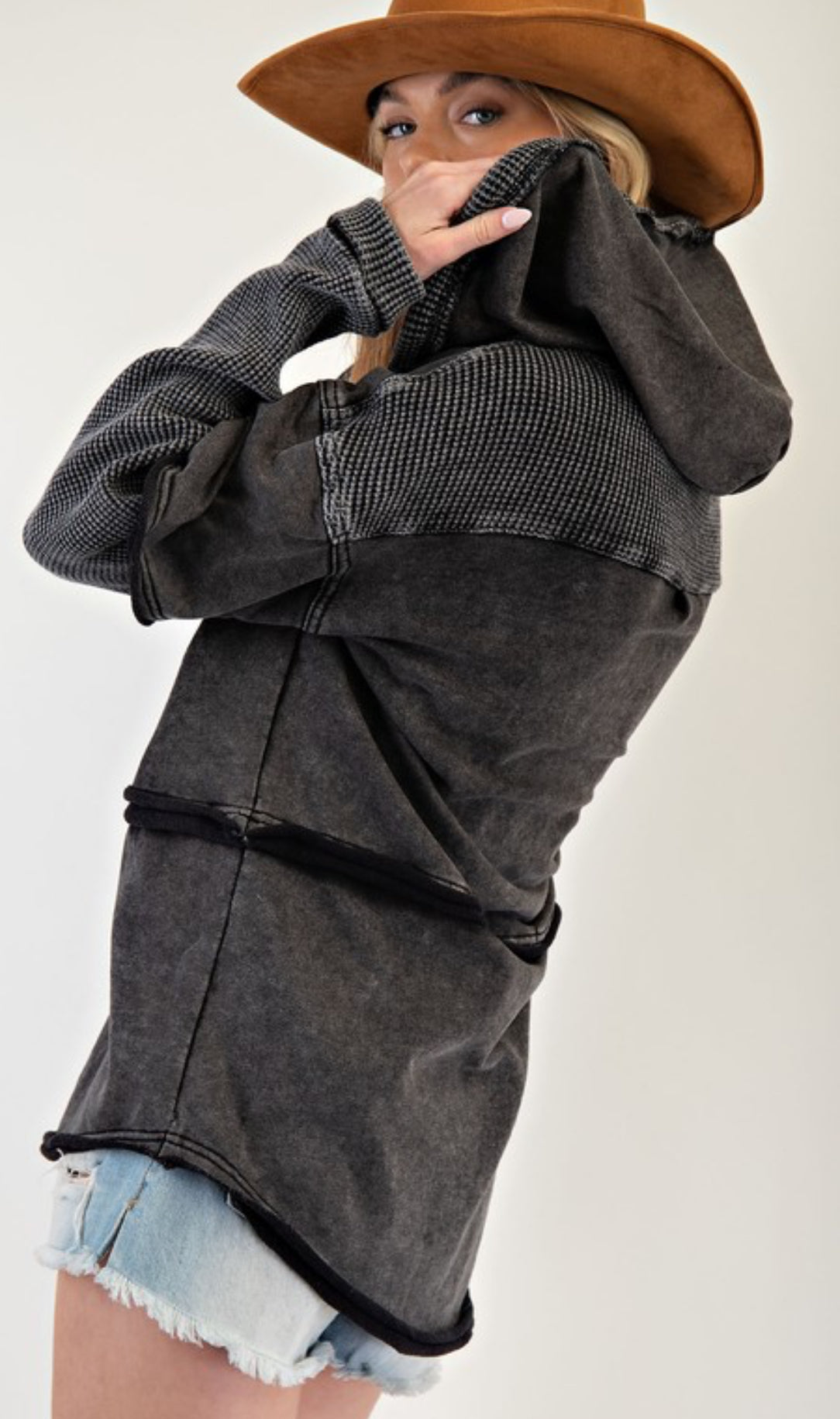 Black thermal sleeve button down hooded shacket