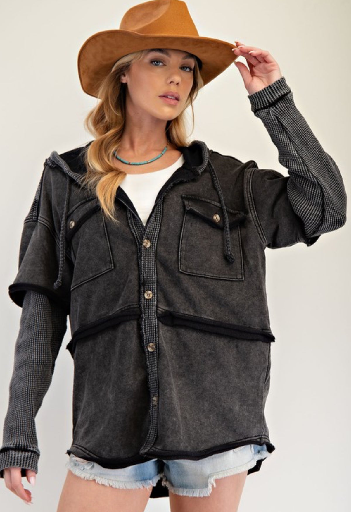 Black thermal sleeve button down hooded shacket