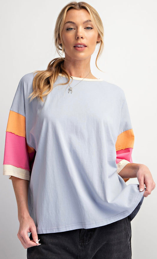 Blue top with colorblock sleeves