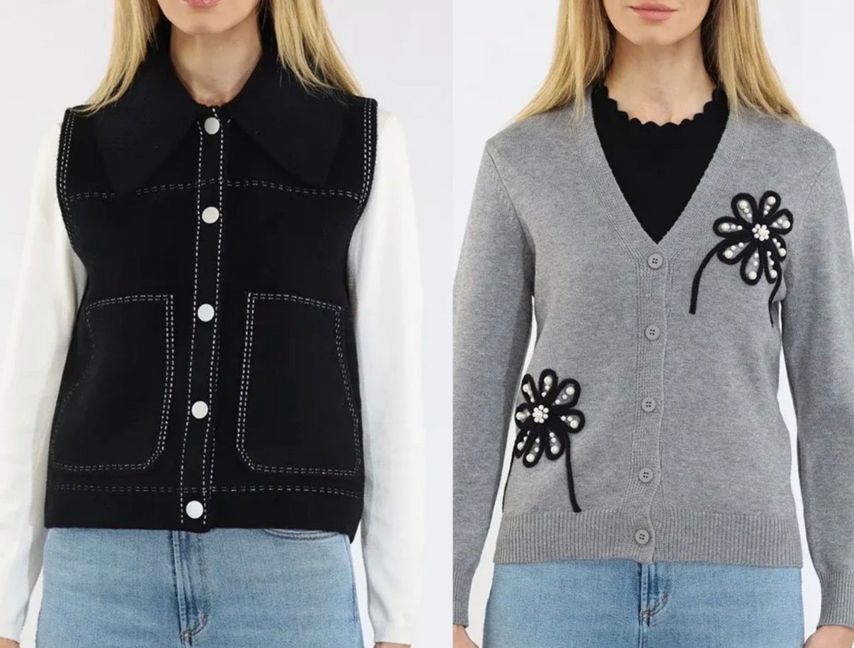 Black/white stitch vest and grey sweater knit cardigan with pearl filled flowers