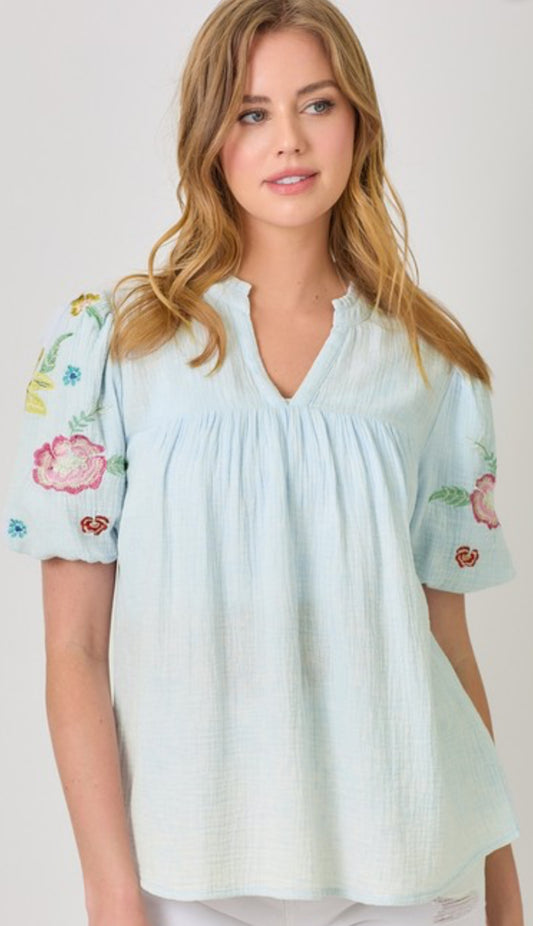 Blue top with floral embroidered sleeves