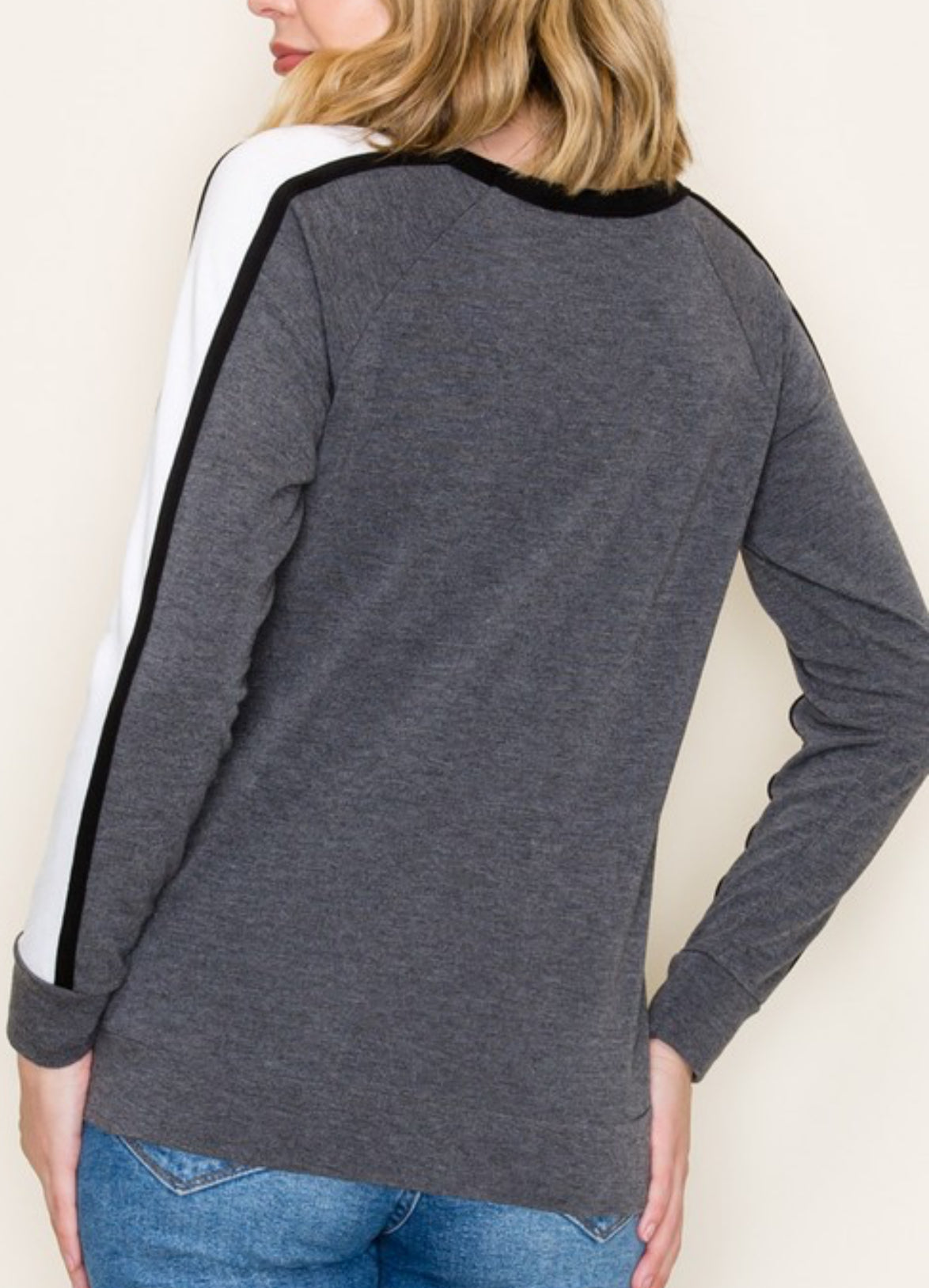 Grey top with sleeve stripes, available in crew or v neck