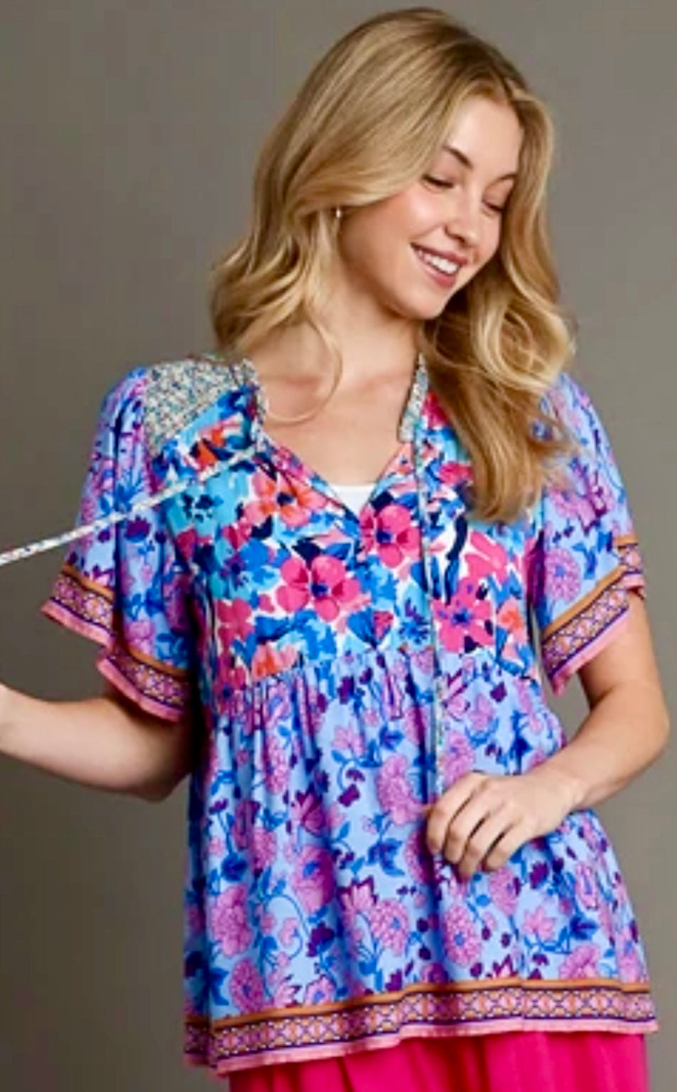 Mixed print smocked shoulders top with tie