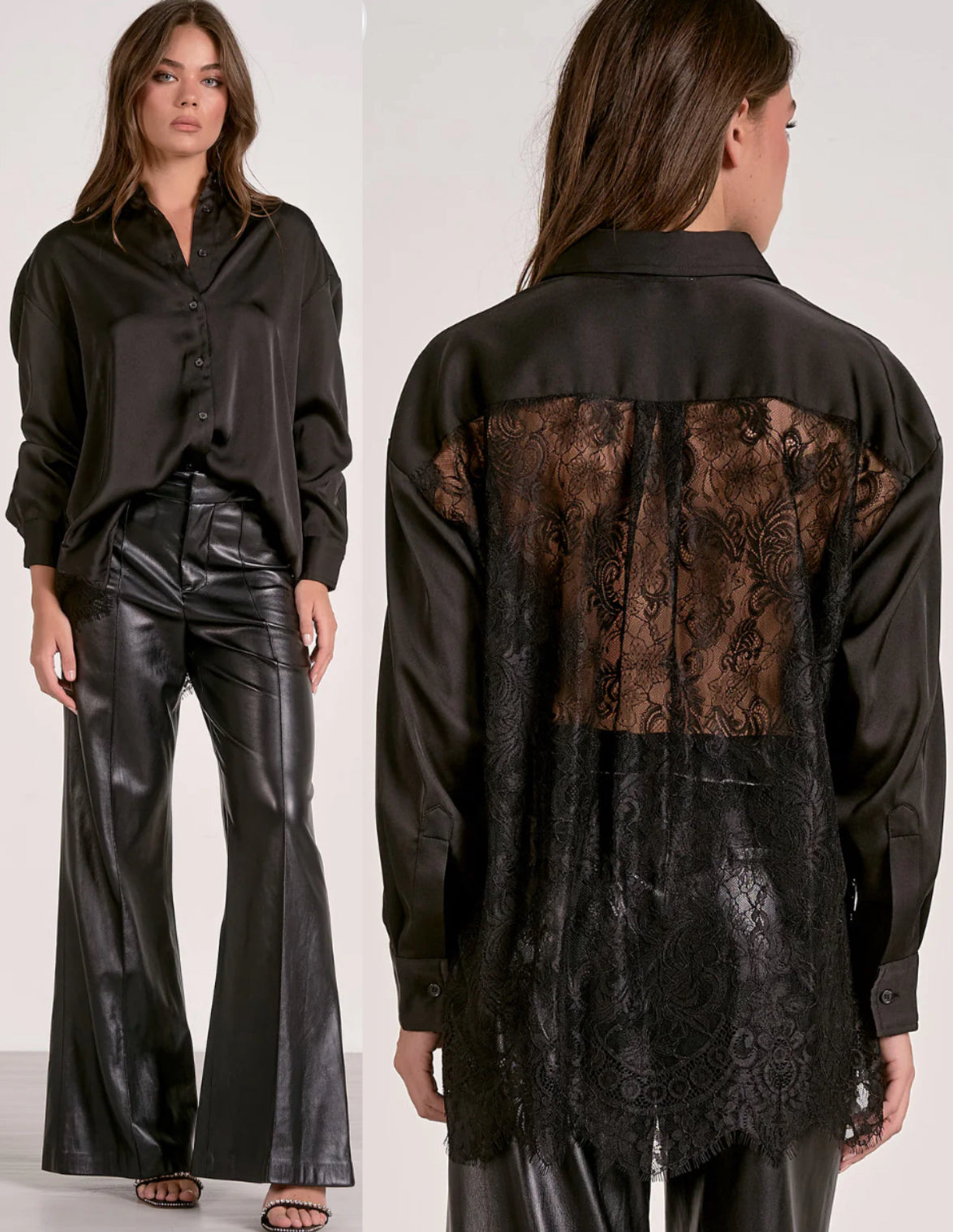 Elan black satin blouse with lace back