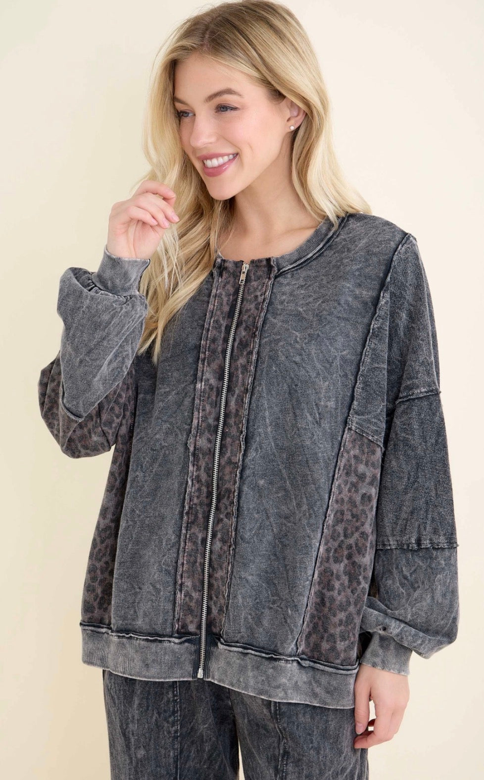 Mineral wash black zip sweatshirt with leopard trim (no hood)