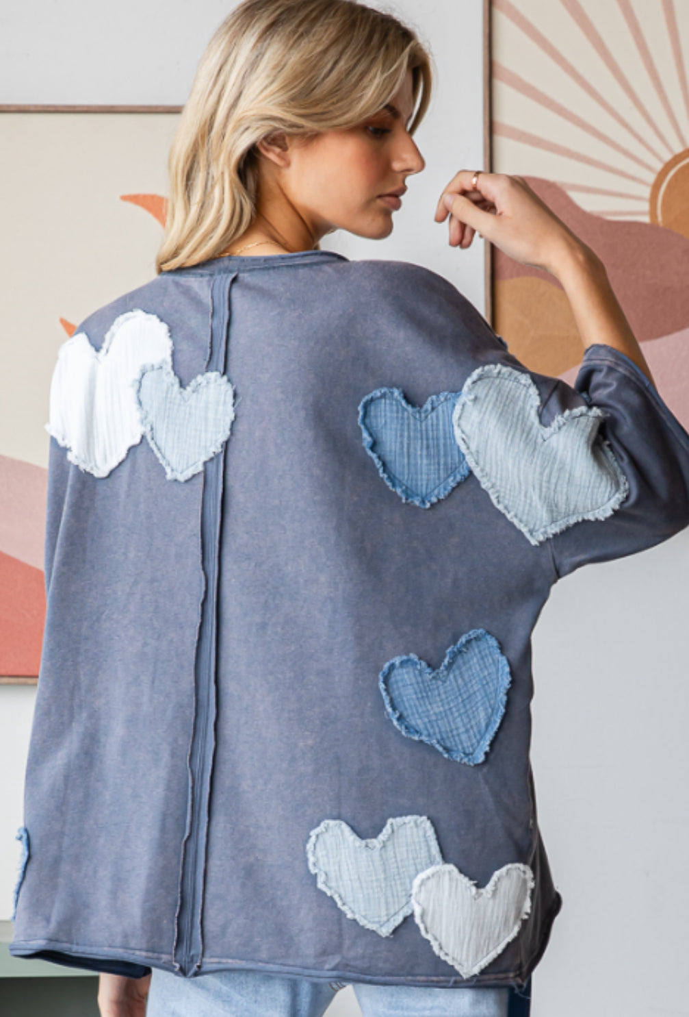 Blue oversized top with gauze heart patches all over (available up to size 1X/2X)