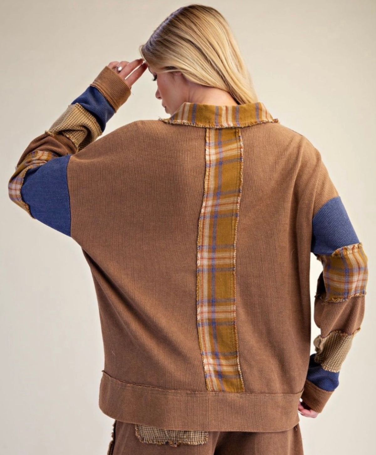 Camel waffle top with plaid inserts