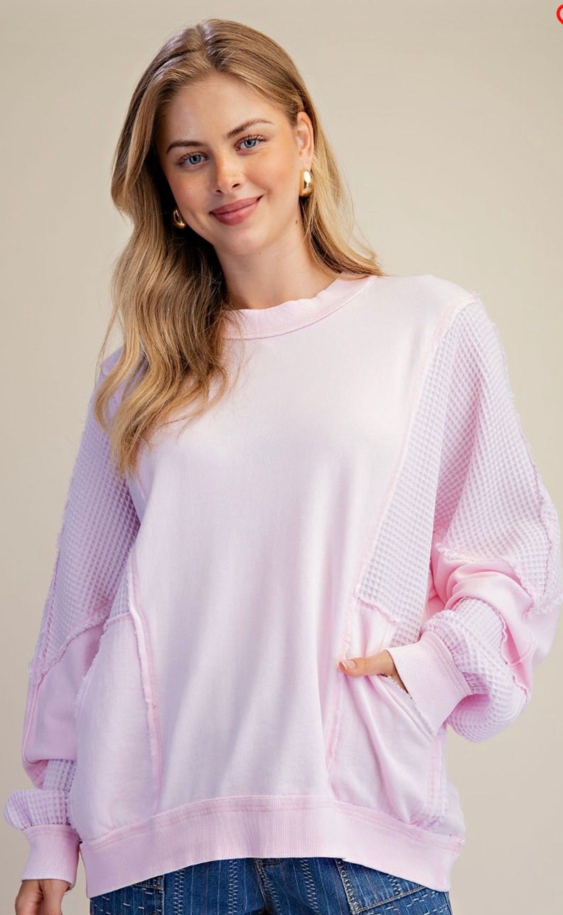 Pink waffle mix loose fit lightweight sweatshirt