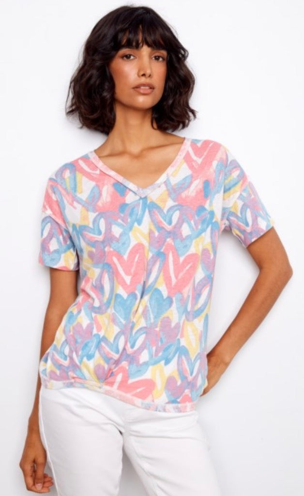 Charlie B twist front tee with graffiti hearts all over